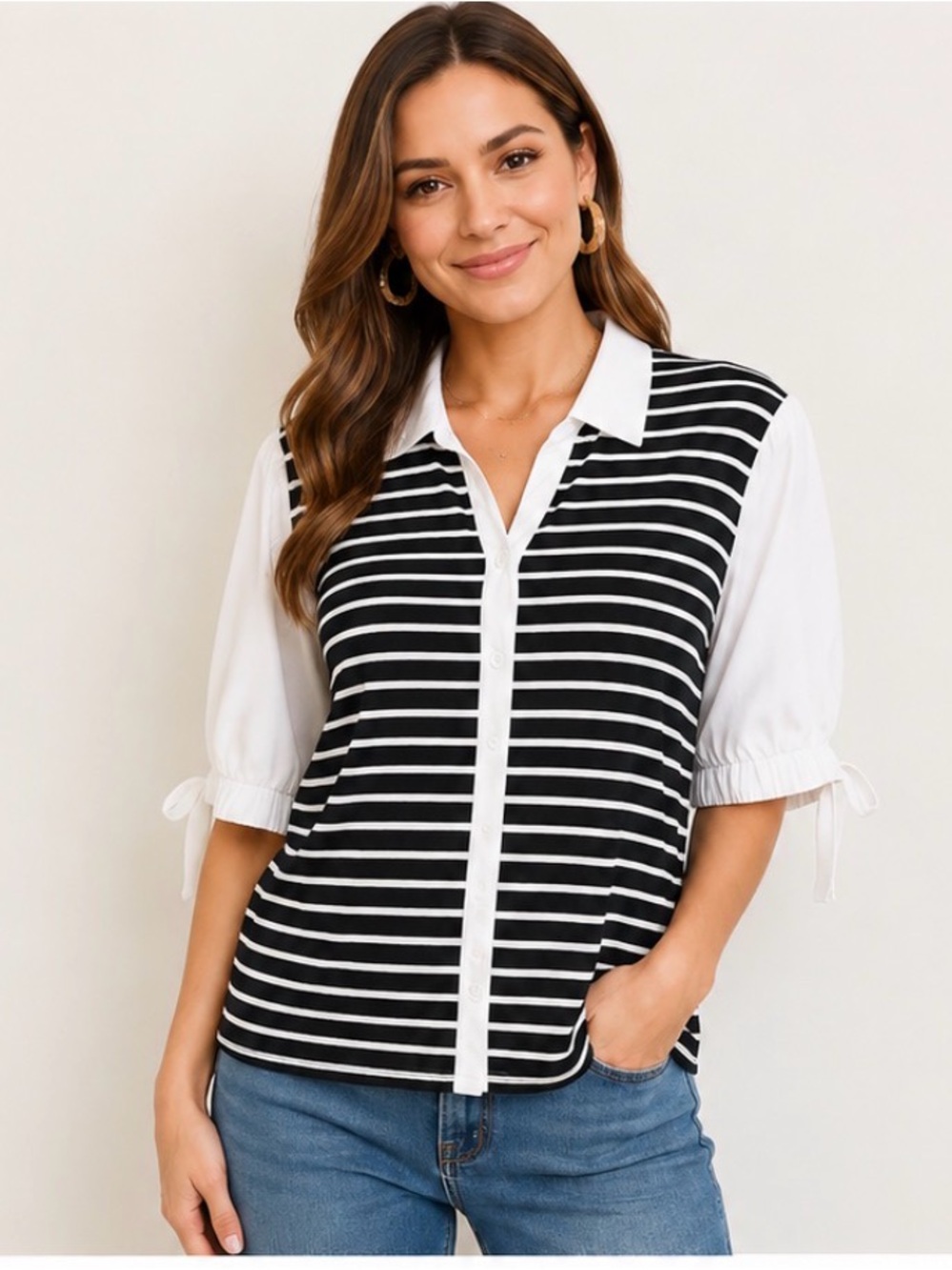Nanette Lepore Black and White Striped Polo Top Collared Button Front Large